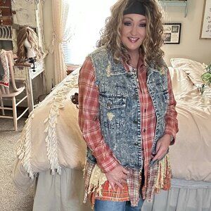 A Rare Bird Denim & Red Plaid Vest • Lace Fringe • Distressed Boho Artisan Style